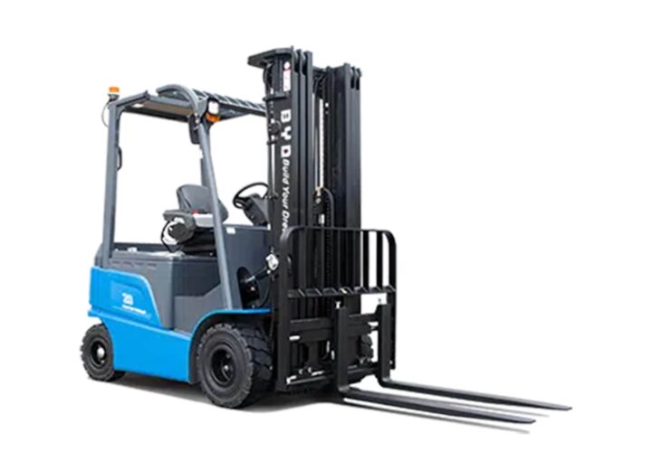 Compact electric forklift with dual forks for warehouse use