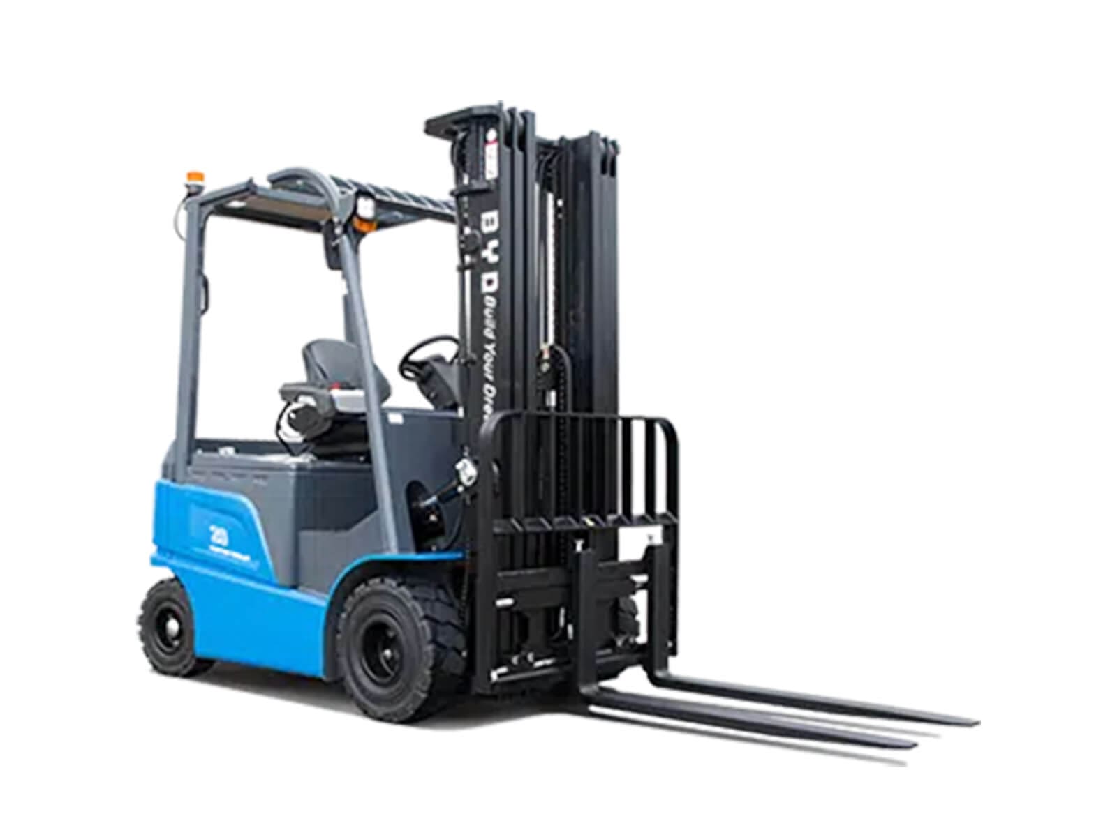 Compact electric forklift with dual forks for warehouse use