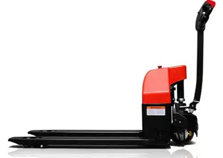 Side view of a red and black electric pallet jack designed for lifting and transporting pallets in warehouses.