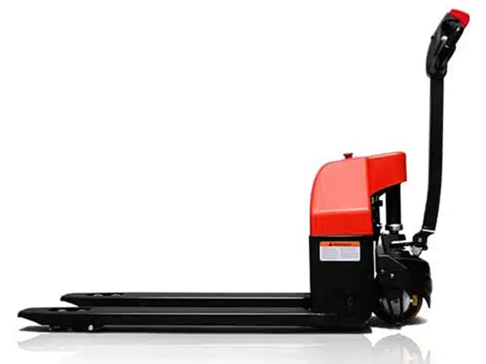 Side view of a red and black electric pallet jack designed for lifting and transporting pallets in warehouses.